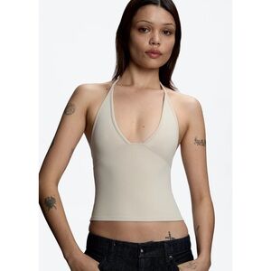 Tank Air Dip Halter Top in Soybean Taupe Natural Basics Casual Everyday Stretch